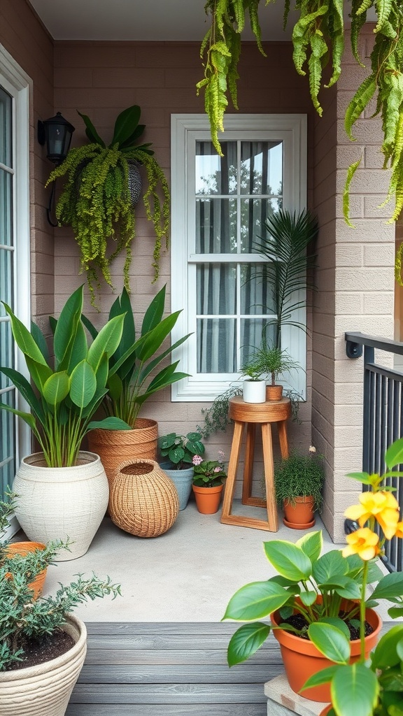 A small balcony garden with various plants in stylish pots, including a wooden stool, showcasing nature-themed decor.