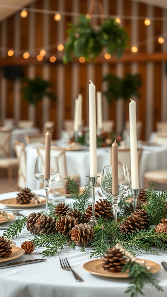 Closeup of a nature themed table setting for a rustic chic wedding, featuring pine cones, greenery, and candles.