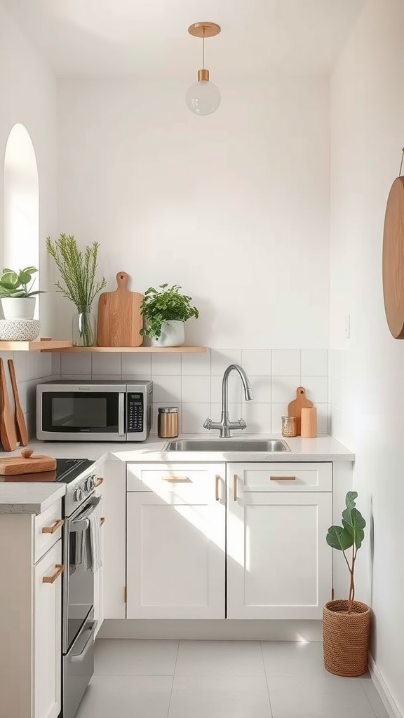 A small cottage kitchen featuring neutral tones, wooden accents, and plants, creating a calm atmosphere.
