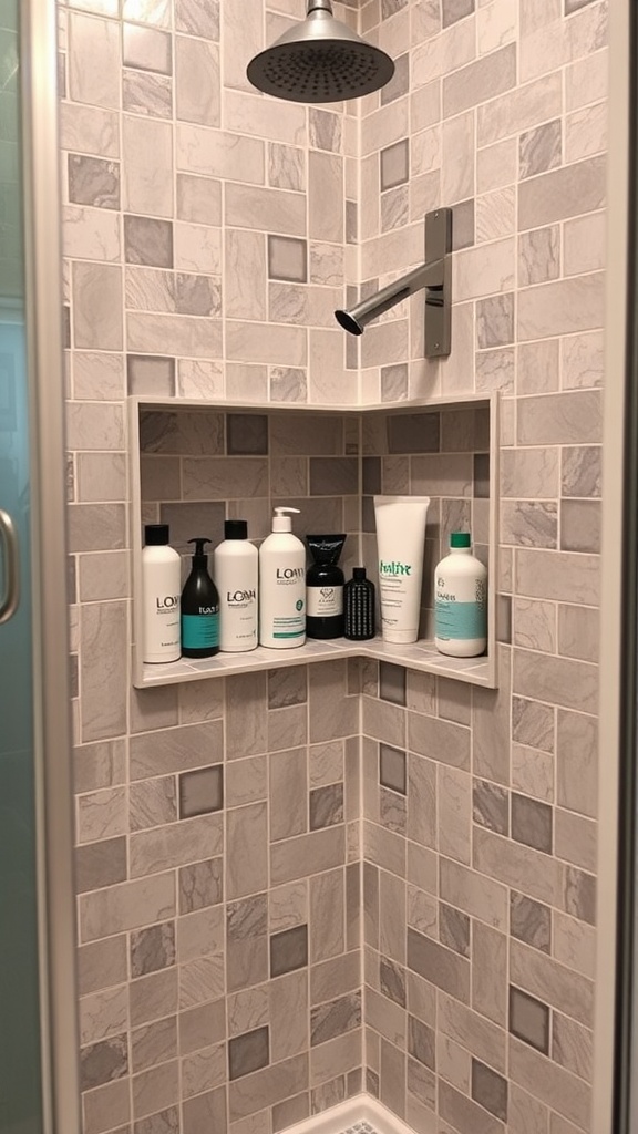 Shower niche with neatly arranged bottles in a tiled shower