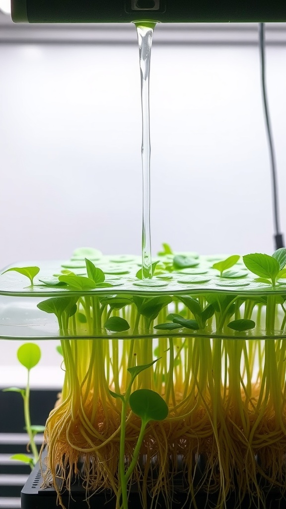 Hydroponic nutrient film technique with young plants and healthy roots.