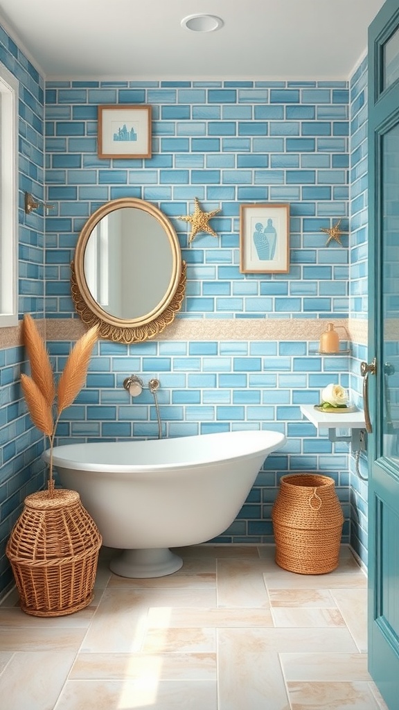 A bathroom featuring ocean blue tiles, a white freestanding bathtub, and sandy neutral accents, creating a relaxing coastal vibe.