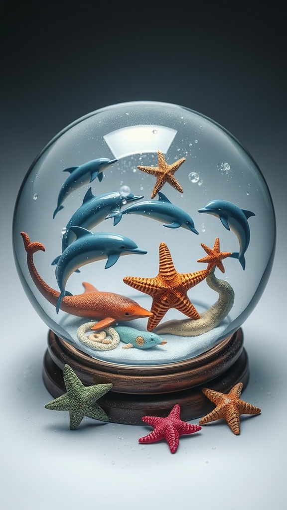 A colorful DIY snow globe featuring dolphins and starfish