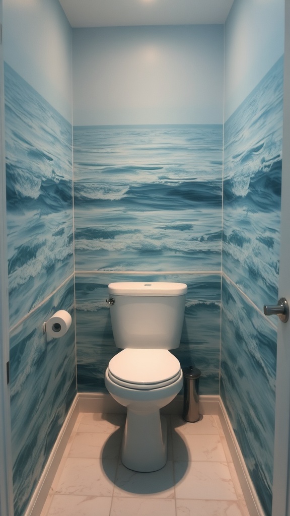 Small bathroom with ocean wave wallpaper creating a calming atmosphere.