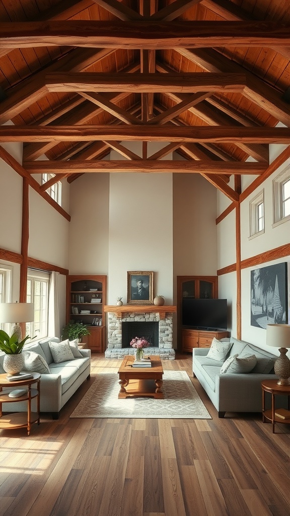 A rustic living room with open beam ceilings and a cozy atmosphere.