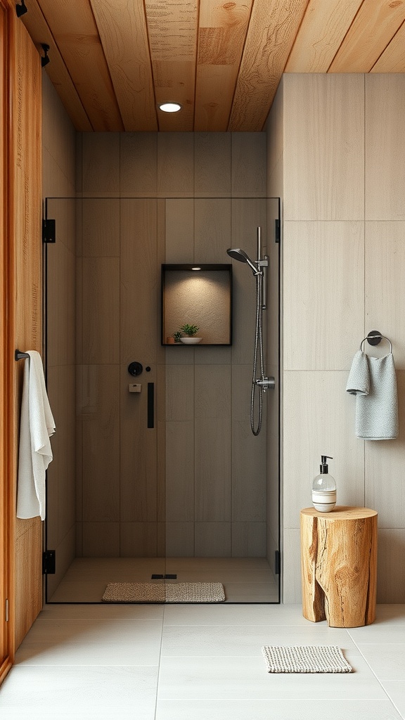 A rustic open concept bathroom with a glass shower enclosure, warm wood ceiling, and light-colored tiles.