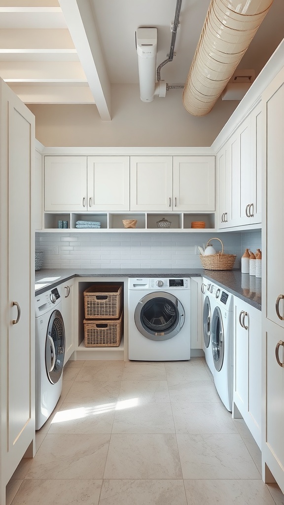 Bright open concept laundry room with white cabinets and modern appliances