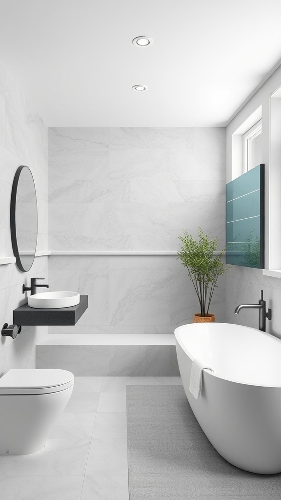 Modern grey and white open concept bathroom with a freestanding tub, sleek sink, and natural light.