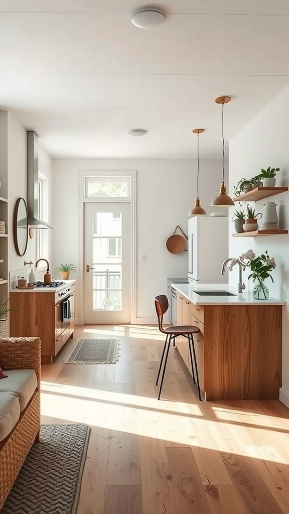 A tiny cottage kitchen featuring an open concept layout with light wood cabinets, a cozy sitting area, and natural light streaming through the windows.