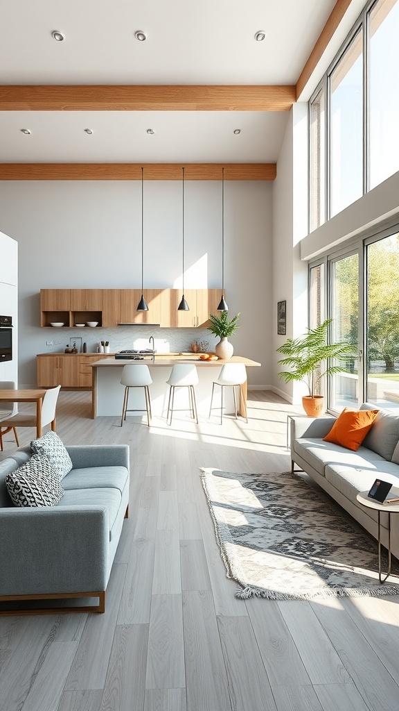 An open concept living space featuring a modern kitchen and cozy living room design.