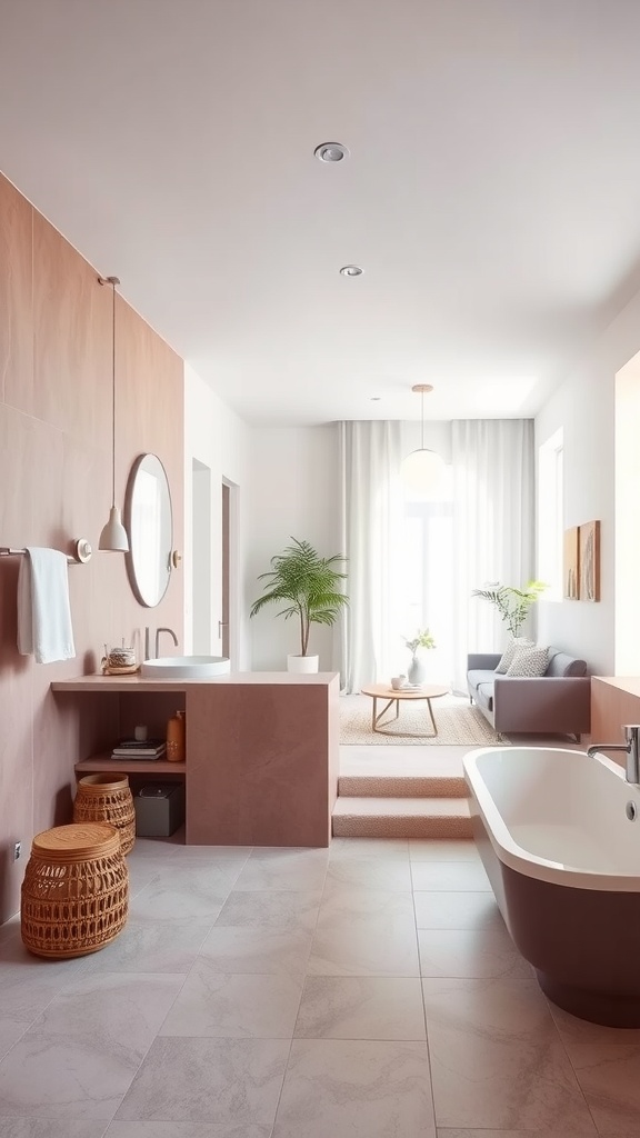 A beautifully designed open concept mauve bathroom featuring a bathtub, sink area, and a cozy living space with plants and modern furnishings.