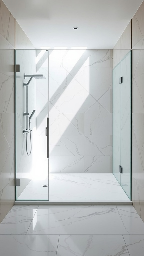 Modern open concept shower design with marble tiles and glass panels