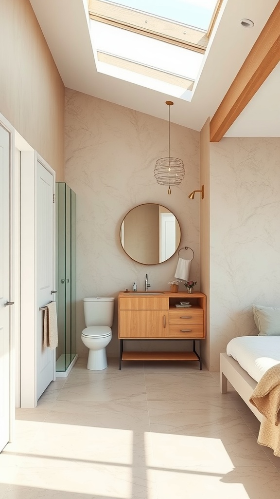 Modern open concept bathroom with natural light, wooden details, and a bright design