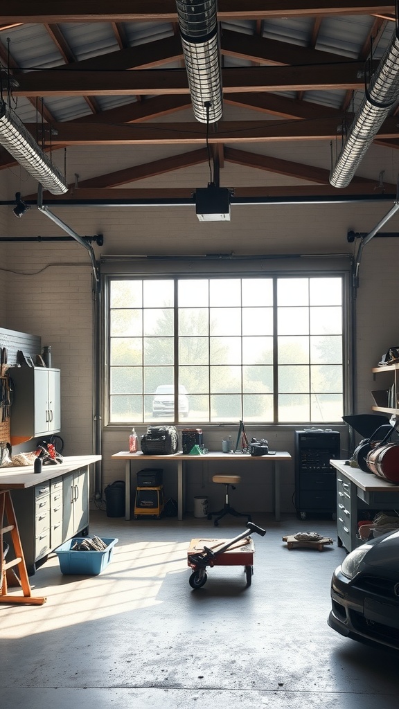 Open concept garage workshop filled with natural light, featuring large windows, organized workspaces, and ample room for projects.