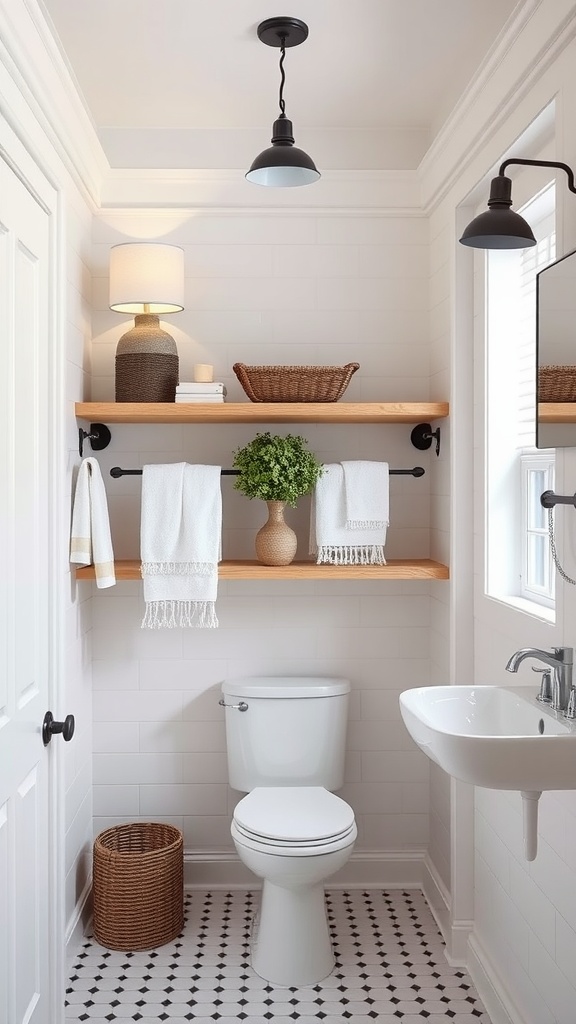 Modern farmhouse bathroom with open shelving showcasing towels and decorative items.