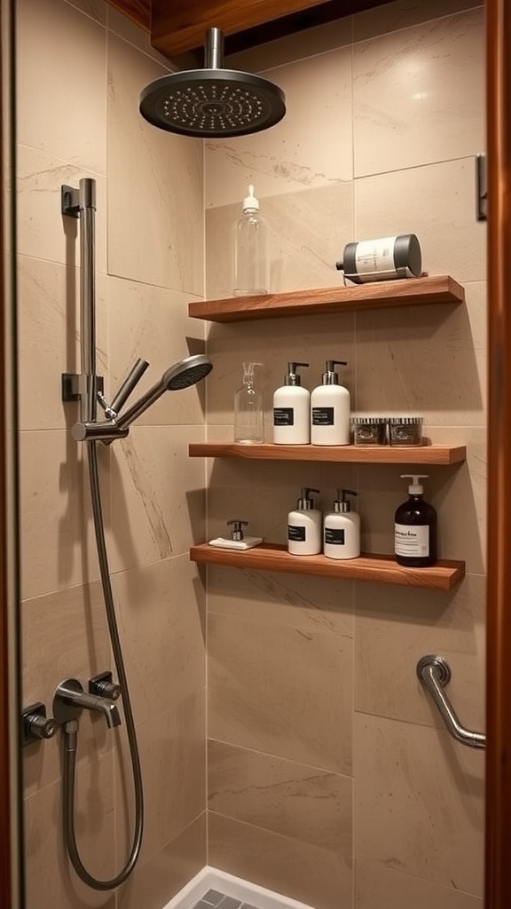 A rustic shower with open wooden shelving displaying various shampoo and conditioner bottles.