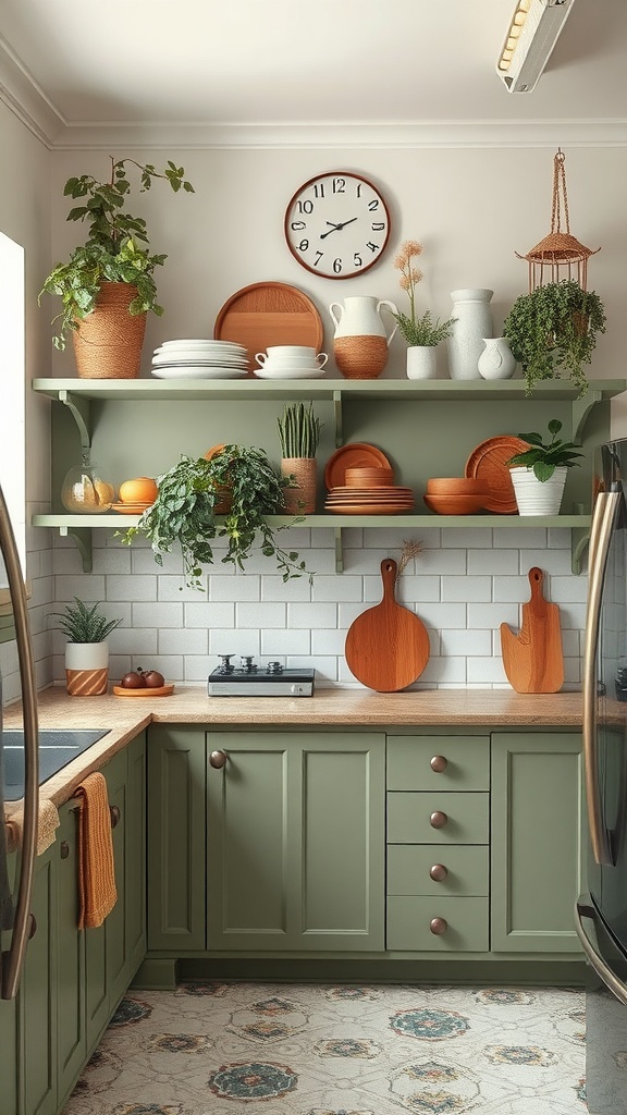 A stylish kitchen featuring sage green open shelving with decorative items and plants.