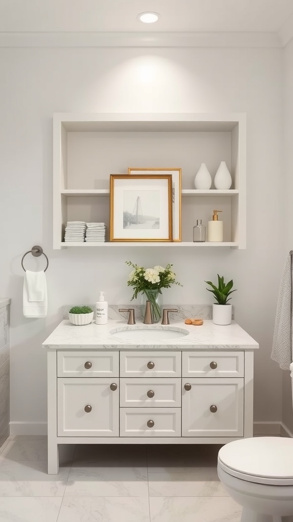 A bathroom vanity with open shelving and a marble countertop, featuring a vase of flowers and neatly arranged towels.