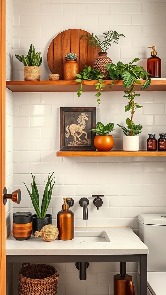 A bathroom with open wooden shelving displaying plants, brown decor, and a framed picture, contrasting with white tiles.