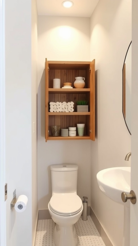 A well-organized corner shelf in a bathroom with towels, decorative items, and essentials.