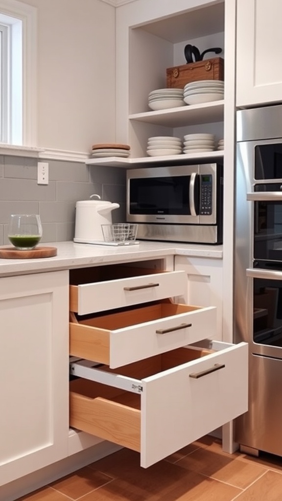 A compact kitchen featuring pull-out drawers for organized storage.