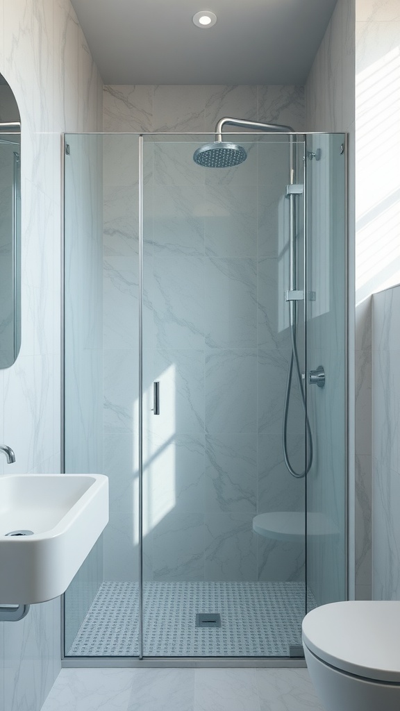 A modern bathroom with a glass shower panel, featuring sleek fixtures and a bright, airy design.