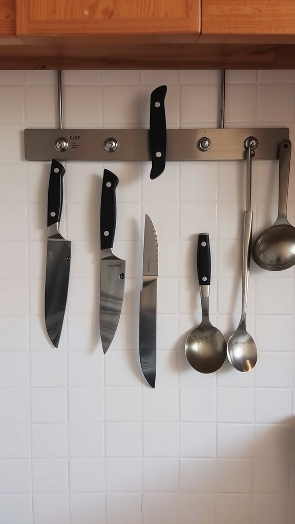 Kitchen tools organized on a magnetic strip, including knives and spoons.