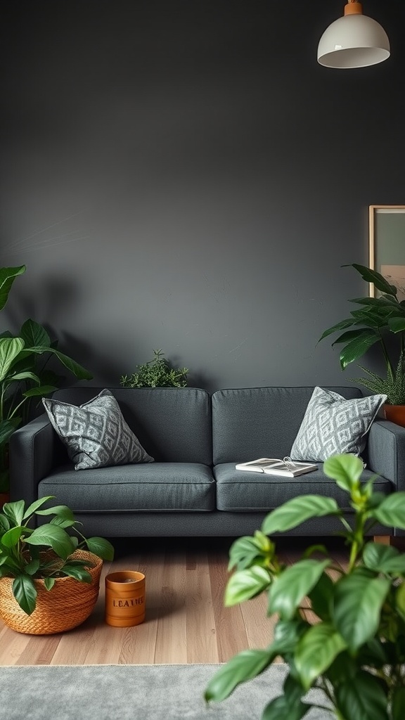 A cozy living room featuring a dark gray couch surrounded by plants and soft lighting.