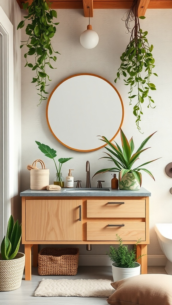 A stylish bathroom vanity with natural wood finishes, gray stone countertop, and greenery.