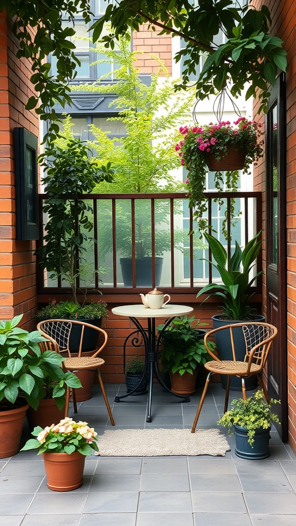 A cozy outdoor coffee patio with two chairs, a small table, and various potted plants.