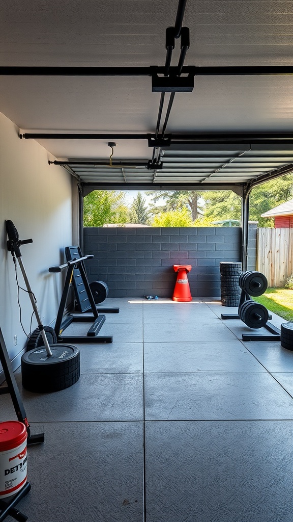 A spacious garage gym with workout equipment, featuring natural light and a view of greenery outside.