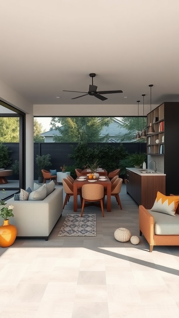 A modern open living space with a kitchen and dining area, featuring large windows that connect to an outdoor area.