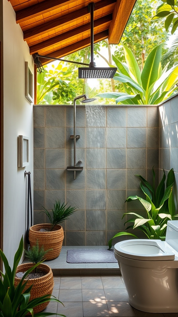 A luxurious outdoor bathroom featuring a rainfall shower, gray tiles, and green plants in woven baskets.