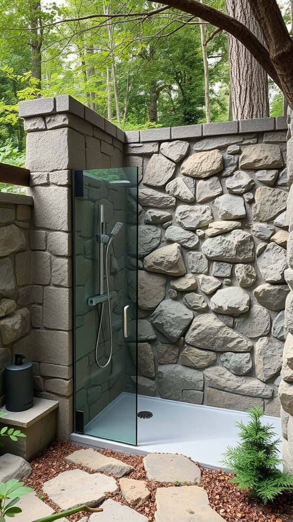 A rustic outdoor shower with stone walls and glass door, surrounded by greenery.