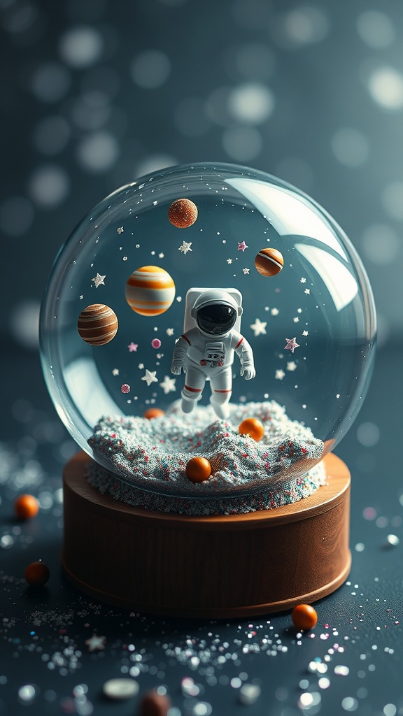 A snow globe featuring an astronaut and planets in outer space.