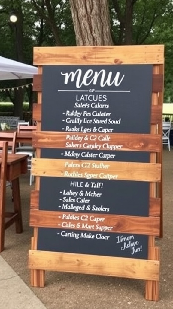 Pallet sign displaying menu items for a rustic chic wedding