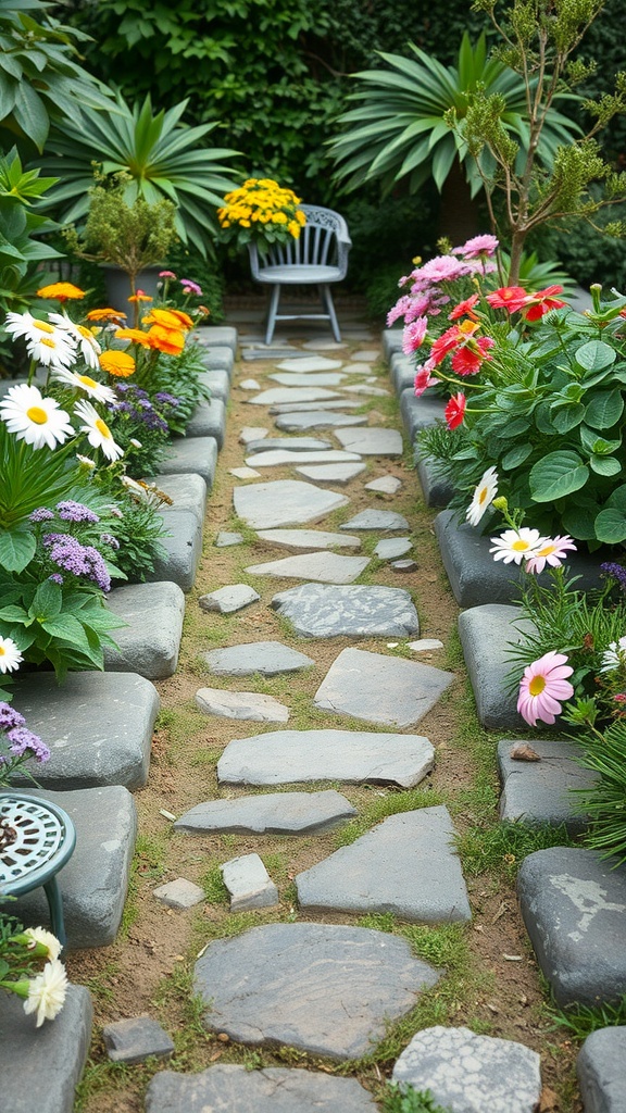 A beautiful stone pathway lined with colorful flowers and a grey chair