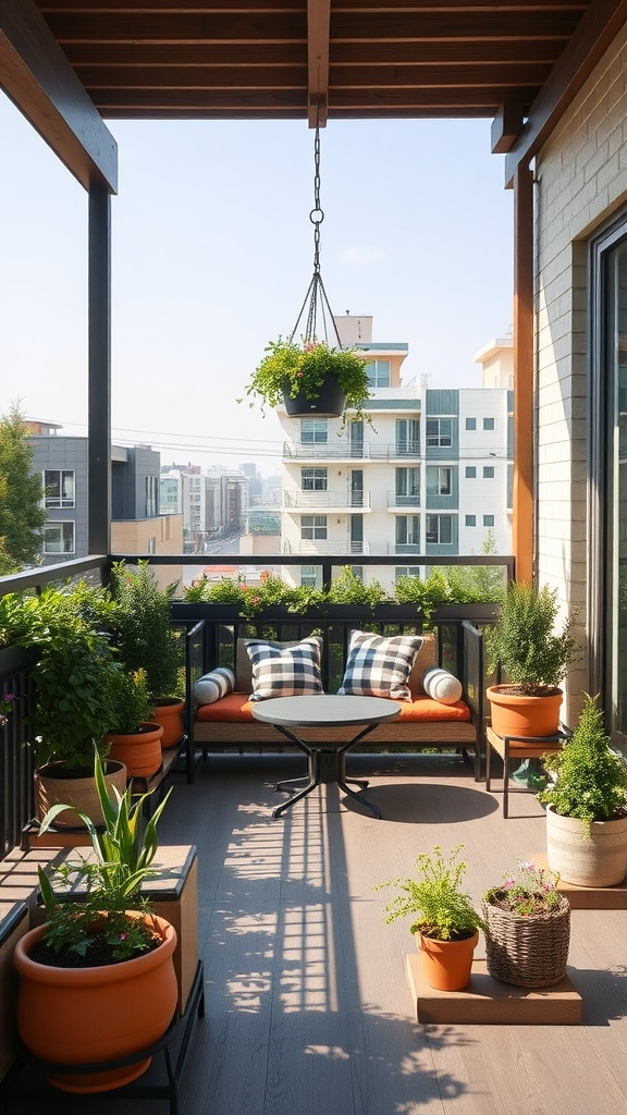 A small balcony with seating, colorful cushions, and various potted plants.