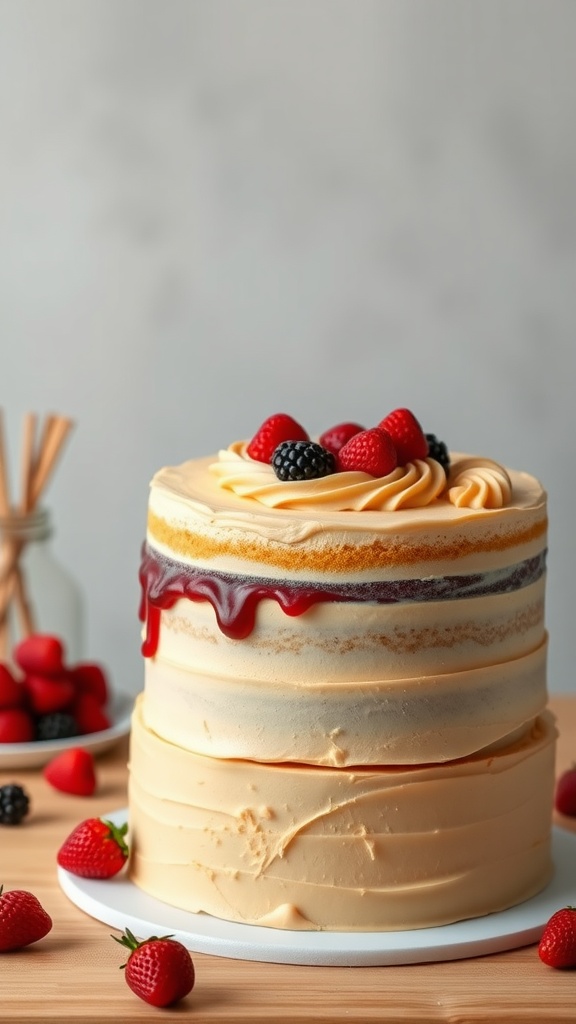 A two-tiered peanut butter and jelly cake decorated with berries and drizzled jelly.