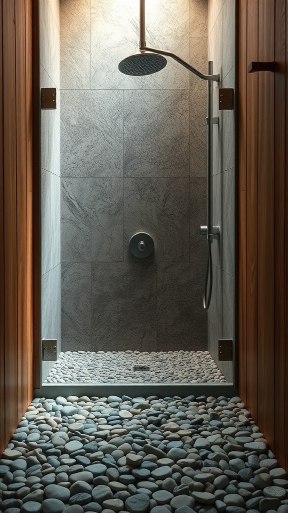 A rustic walk-in shower with pebble stone flooring and wooden accents.