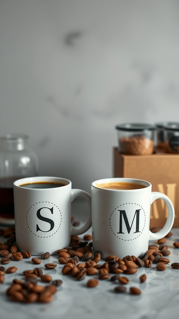 Two personalized mugs with initials 'S' and 'M' filled with coffee, surrounded by coffee beans.