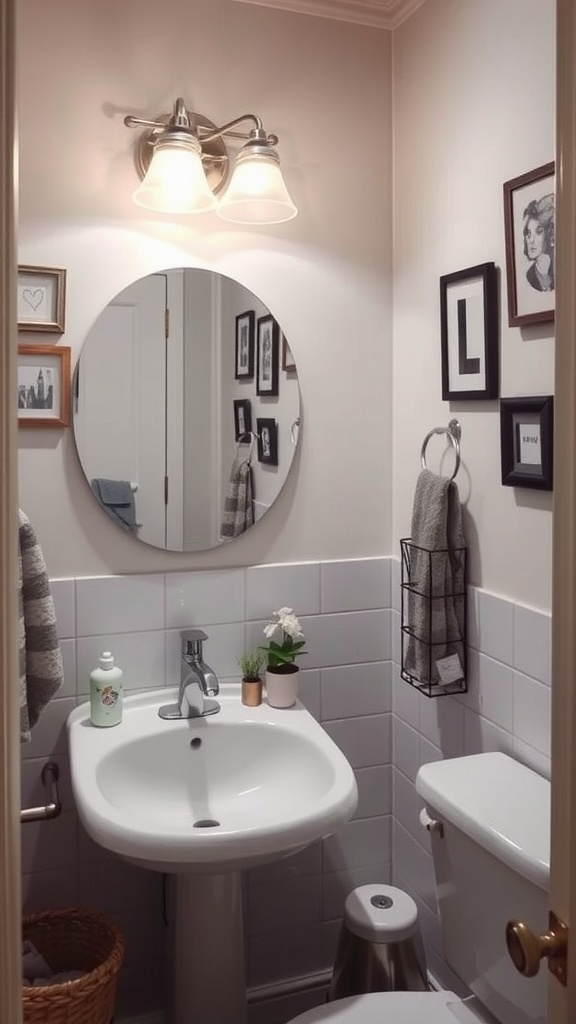 A cozy modern farmhouse bathroom featuring a round mirror, light fixture, and framed pictures on the wall.