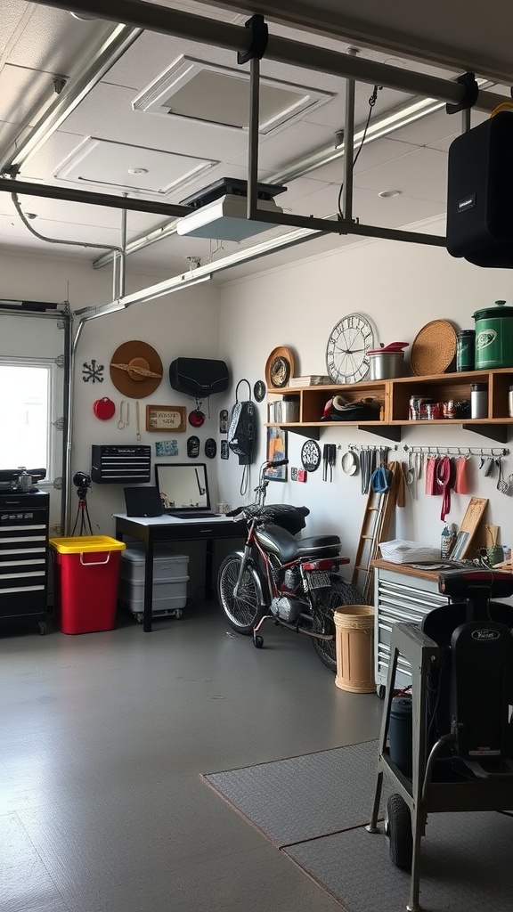 A stylish and organized garage workshop featuring personalized design elements, colorful storage, and a bike.