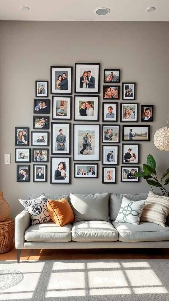 Gallery wall featuring framed family photos above a grey sofa with colorful cushions