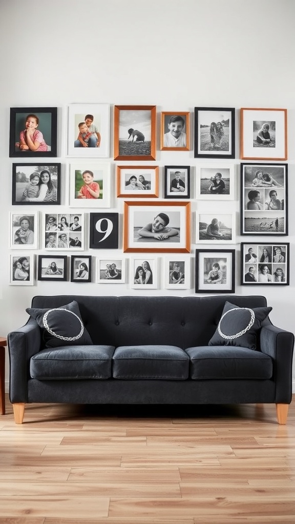 A living room with a dark gray couch and a personalized gallery wall filled with framed photos in various styles.