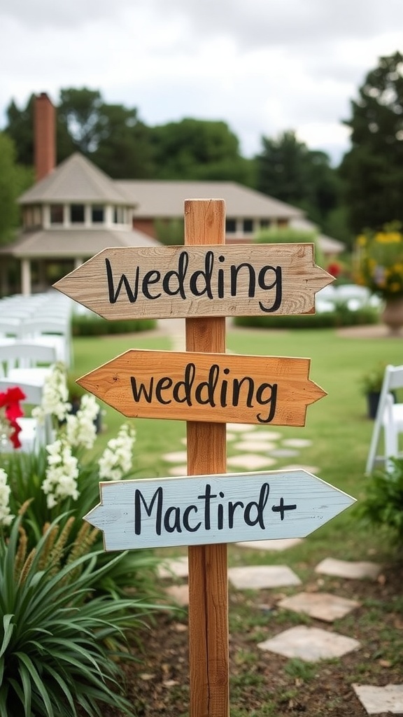 Wooden signpost with arrows labeled 'Wedding', 'wedding', and 'Mactird+' in a garden setting.