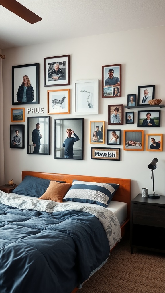 A personalized photo gallery wall in a modern teen boy bedroom, featuring framed photographs and decorative elements.