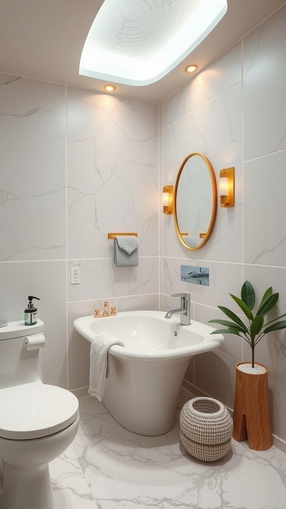 A modern luxury bathroom with a curved bathtub, marble-like flooring, warm lighting, and a plant, creating a spa-like atmosphere.