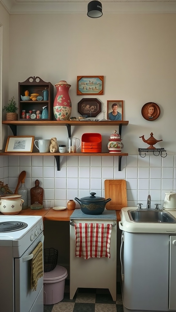 A cozy kitchen with personalized decor items like vintage dishes, family photographs, and colorful vases.