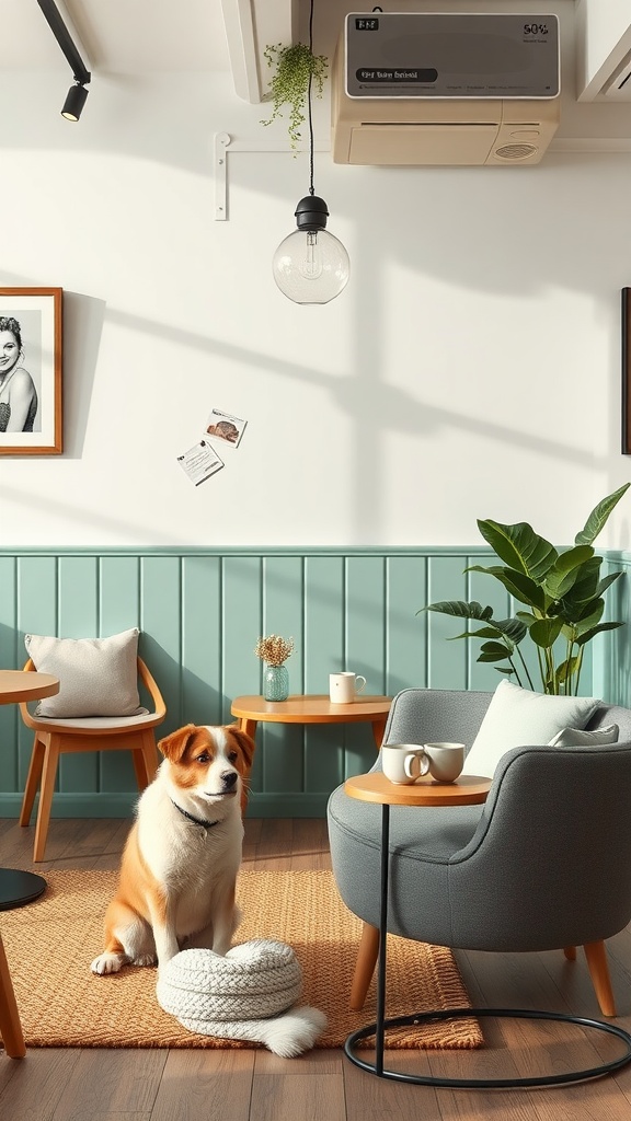 A cozy coffee corner with a dog sitting on a rug, featuring stylish furniture and plants.